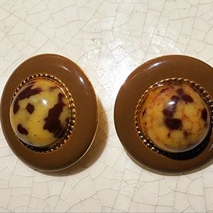 Contemporary round brown earrings with round leapord print cabochon earrings